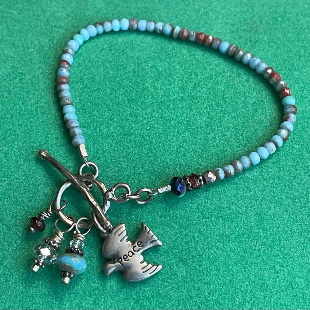 blue beaded peace bracelet sterling toggle clasp new